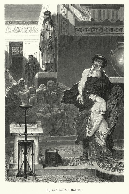 Phryne, az ógörög udvarhölgye, istentelenség miatt bíróság elé állítják, Kr.e. IV. század (metszet) alkotó: German School