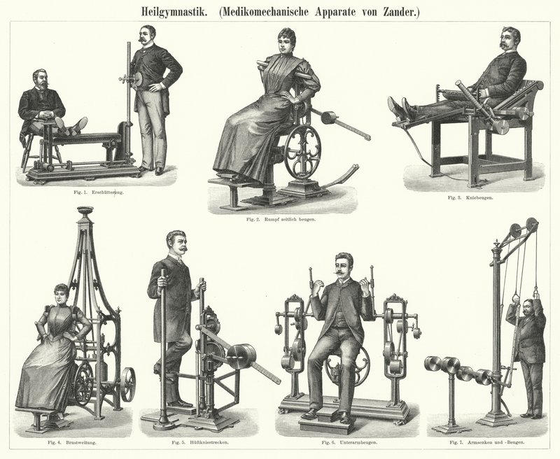 Fizioterápia: Gustav Zander svéd orvos és ortopéd által feltalált mechanoterápiás készülék (metszet) alkotó: German School