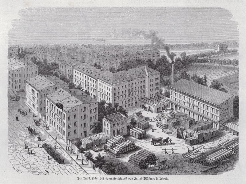 Julius Bluethner zongoragyára, Lipcse, Németország (metszet) alkotó: German School