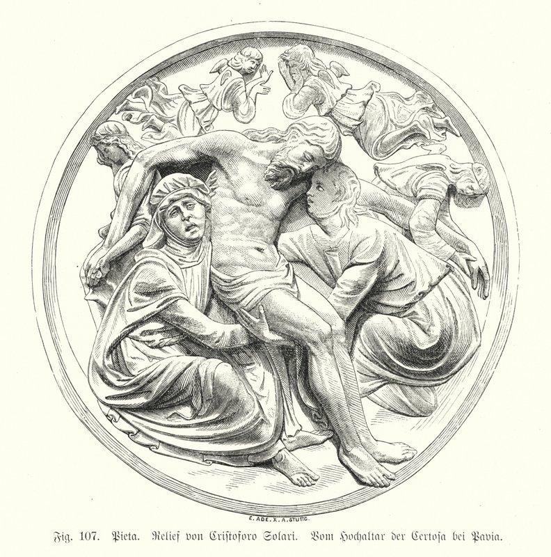 Pieta, Cristoforo Solari domborműve a Certosa di Pavia főoltáráról, Olaszország (metszet) alkotó: German School