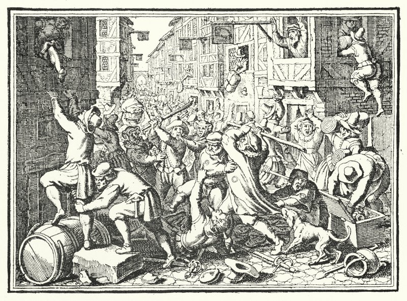 A Judengasse, a frankfurti zsidó gettó kifosztása a Fettmilch-felkelésben, 1614 alkotó: German School