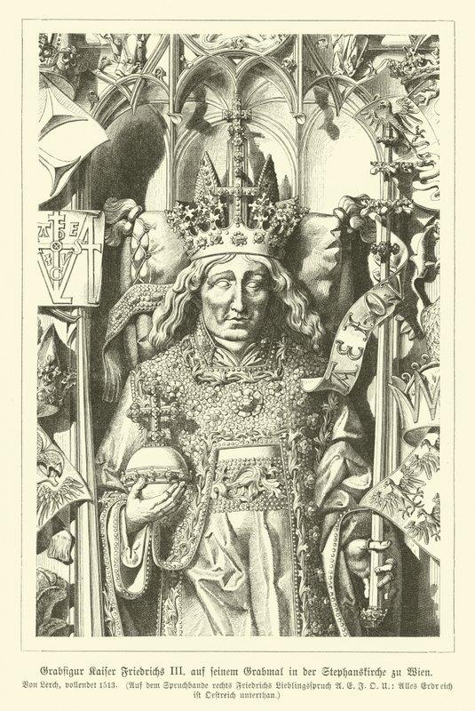 III. Frigyes római császár portréja, a bécsi Szent István-székesegyházban lévő sírjából (metszet) alkotó: German School