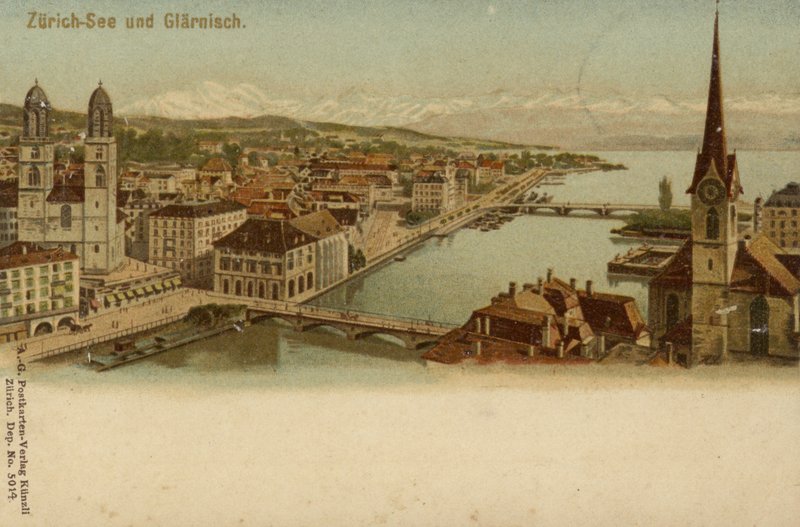 Képeslap, amely Zürich városának általános képét ábrázolja alkotó: German School