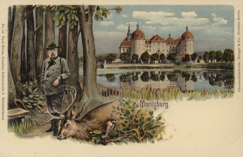 Képeslap, amely egy férfit ábrázol lelőtt szarvassal, háttérben Moritzburg kastélyával alkotó: German School