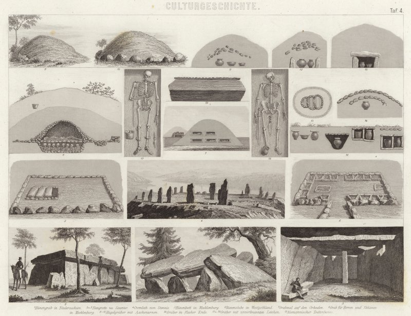 Őskori sírkamrák. Illusztráció a Bilder-Atlashoz (metszet) alkotó: German School