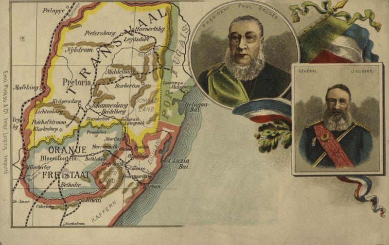 Paul Kruger elnök, Piet Joubert tábornok és Transvaal és Orange Free State térképe alkotó: German School