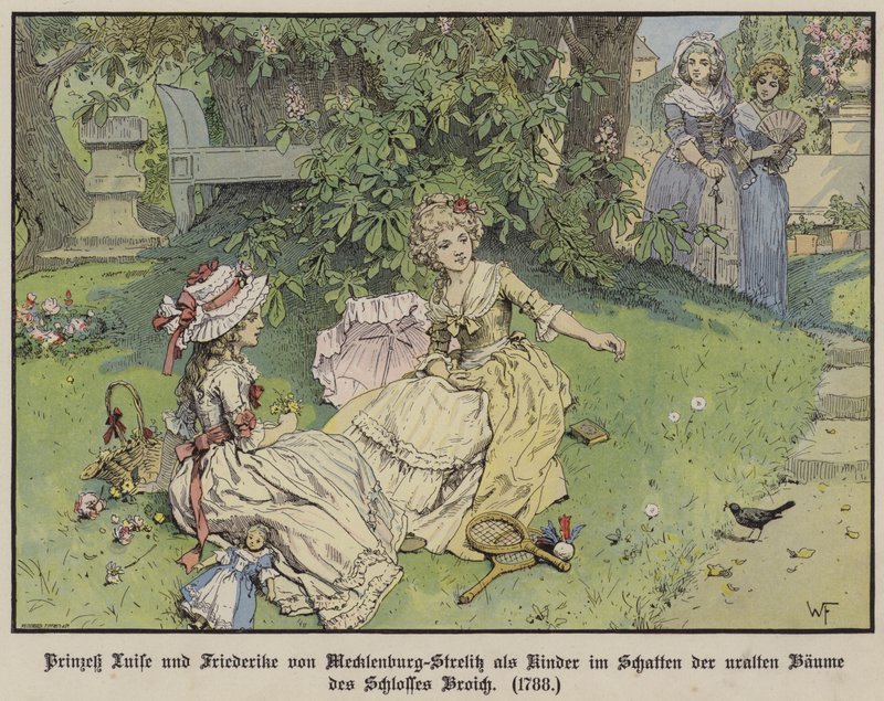 Louise és Friederike Mecklenburg-Strelitz hercegnők a Broich-kastély fái alatt árnyékban gyermekként alkotó: German School