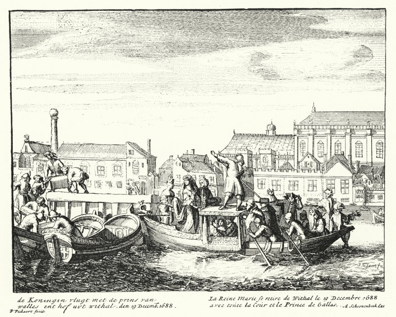 Mária királynő, II. Jakab király hitvese, aki Angliából menekül a walesi herceggel és egész udvarával, 1688. december (metszet) alkotó: German School