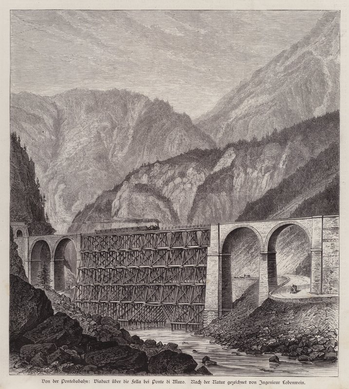 Vasúti viadukt a Fella folyón Ponte di Muro-nál, Friuli, Olaszország (metszet) alkotó: German School