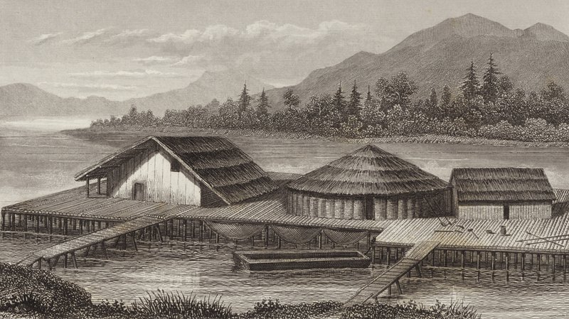 Egy ősi tót falu rekonstrukciója. Illusztráció a Bilder-Atlashoz (metszet) alkotó: German School