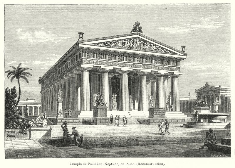 Az ókori görög Poszeidon-templom rekonstrukciója, Paestum, Olaszország (litho) alkotó: German School