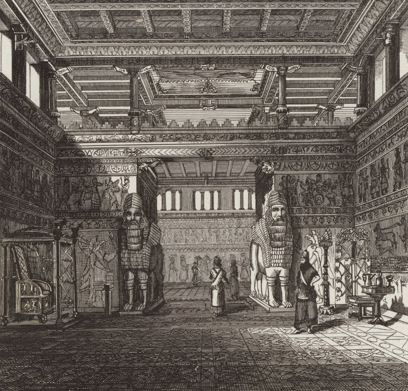 Egy asszír király termének újjáépítése. Illusztráció a Bilder-Atlashoz (metszet) alkotó: German School