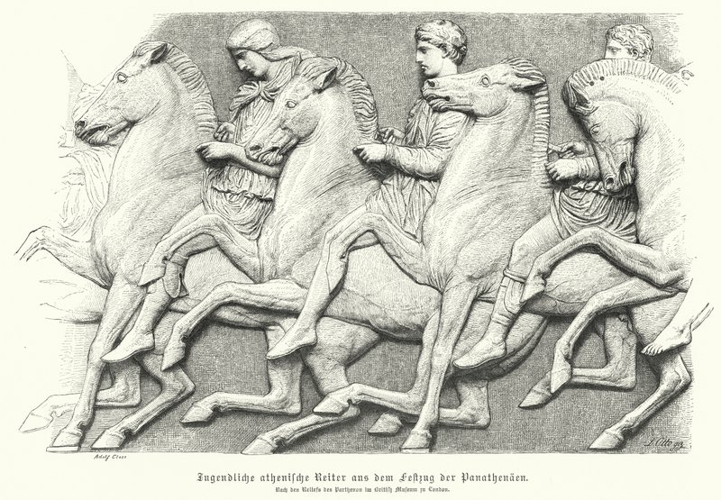 Dombormű a Parthenon-frízről, amely lovas athéni fiatalokat ábrázol (metszet) alkotó: German School
