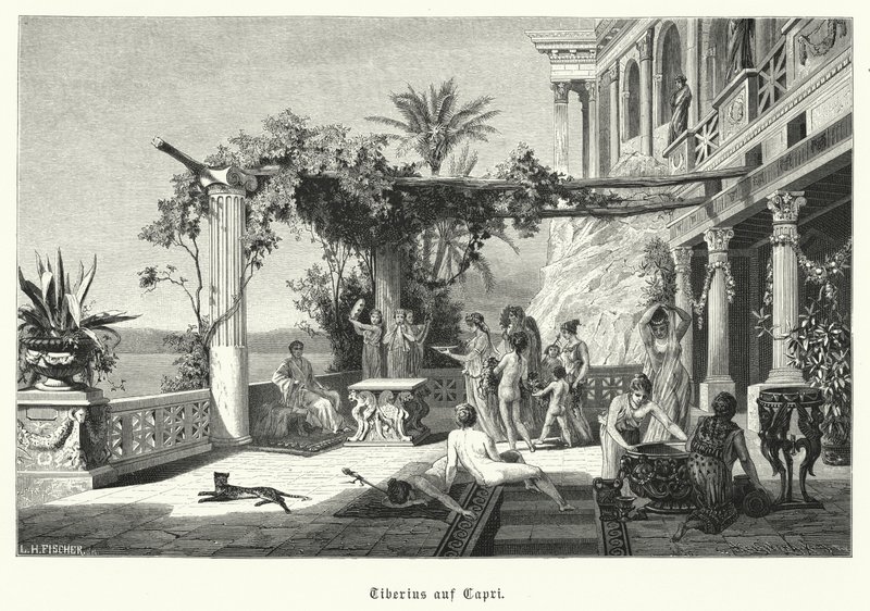 Tiberius római császár Capri szigetén (metszet) alkotó: German School