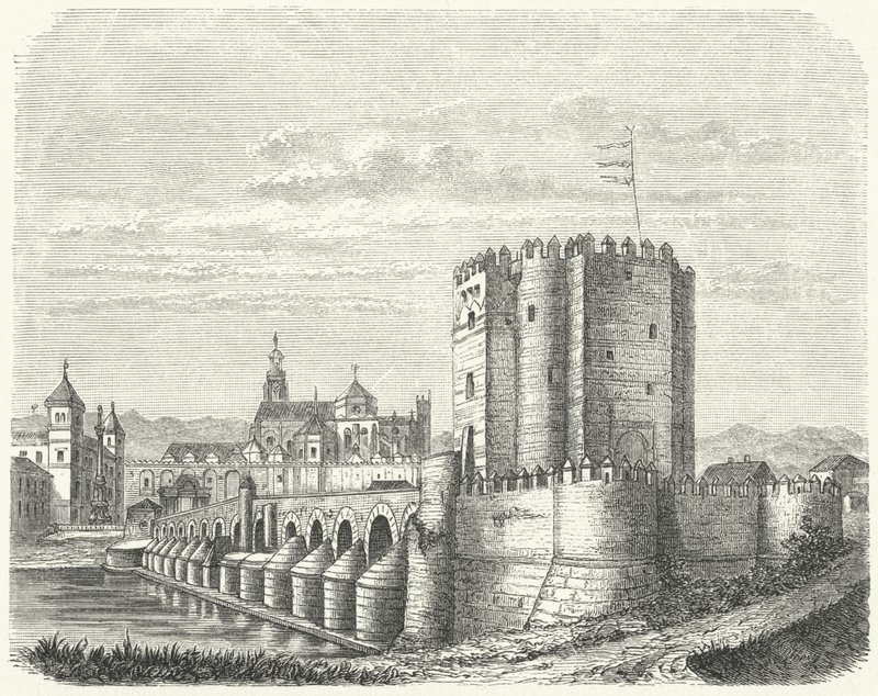 Római híd és Cordoba Nagymecset, Spanyolország (metszet) alkotó: German School