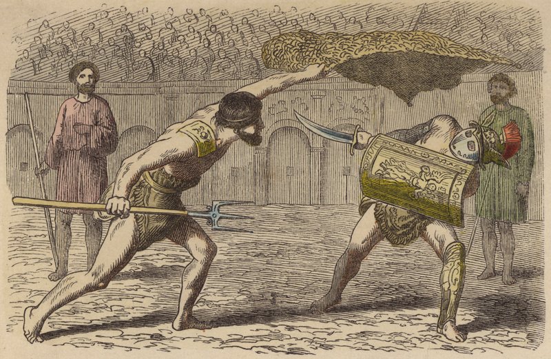 Római gladiátorok: retiarius, aki samnitával harcol (színes metszet) alkotó: German School