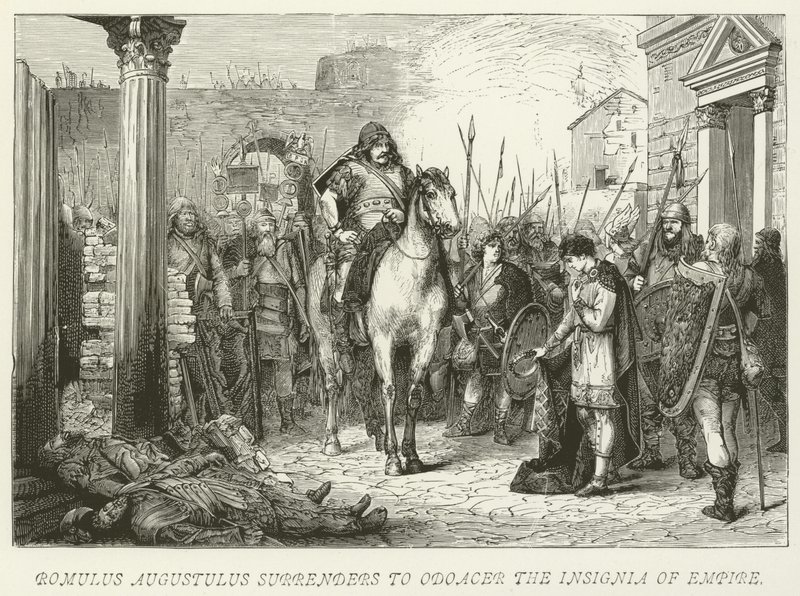 Romulus Augustulus megadja magát Odoacernek a Birodalom Jelvényét alkotó: German School