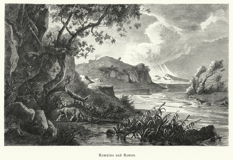 Romulus és Remus, az ókori Róma legendás alapítói, akiket a nőstény farkas szoptat a vadonban (metszet) alkotó: German School