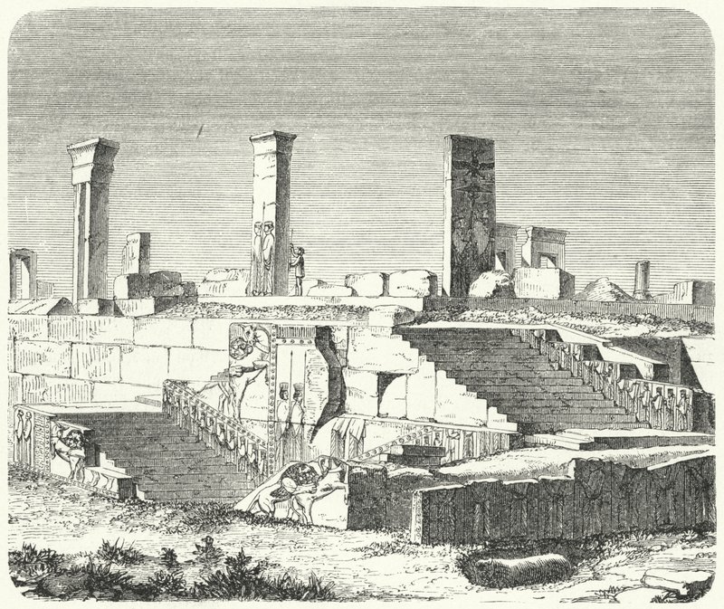 Xerxes palotájának romjai Perszepolisban (metszet) alkotó: German School