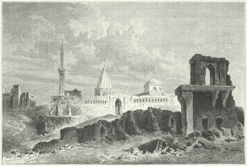 A szeldzsukok palotájának romjai Konyában, Törökországban (metszet) alkotó: German School