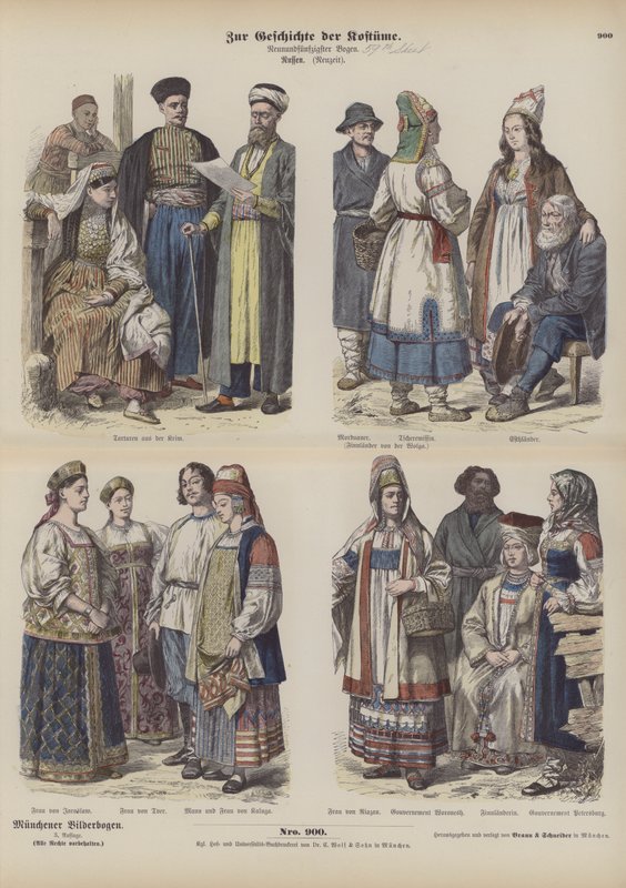 Orosz viseletek, 19. század vége (színes metszet) alkotó: German School