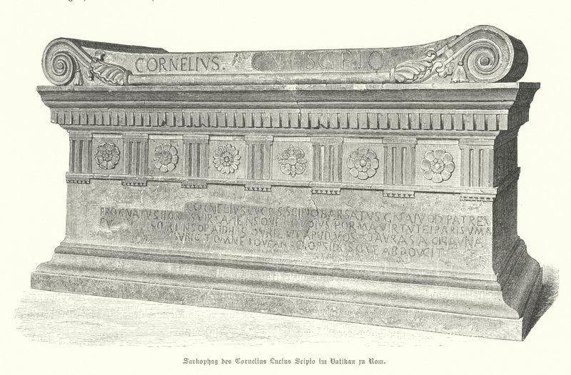 Lucius Cornelius Scipio Barbatus római katona és konzul szarkofágja a Vatikánban, Róma (metszet) alkotó: German School