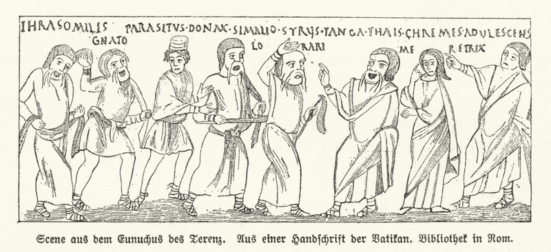 Jelenet az Eunuchus (Az Eunuch), Terence római drámaíró vígjátékából (litho) alkotó: German School