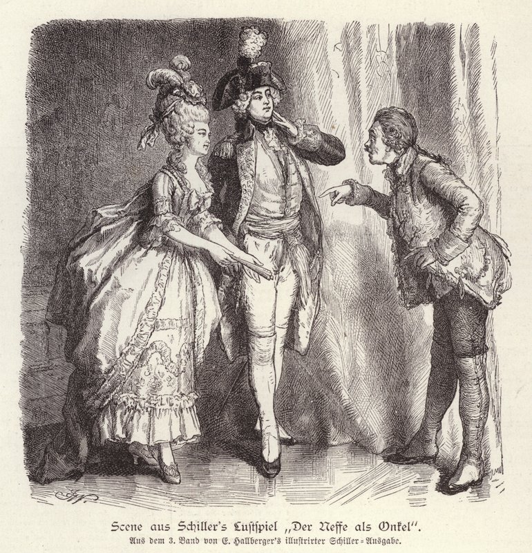 Jelenet Friedrich Schiller Der Neffe als Onkel (Az unokaöccs bácsiként) című vígjátékából (metszet) alkotó: German School