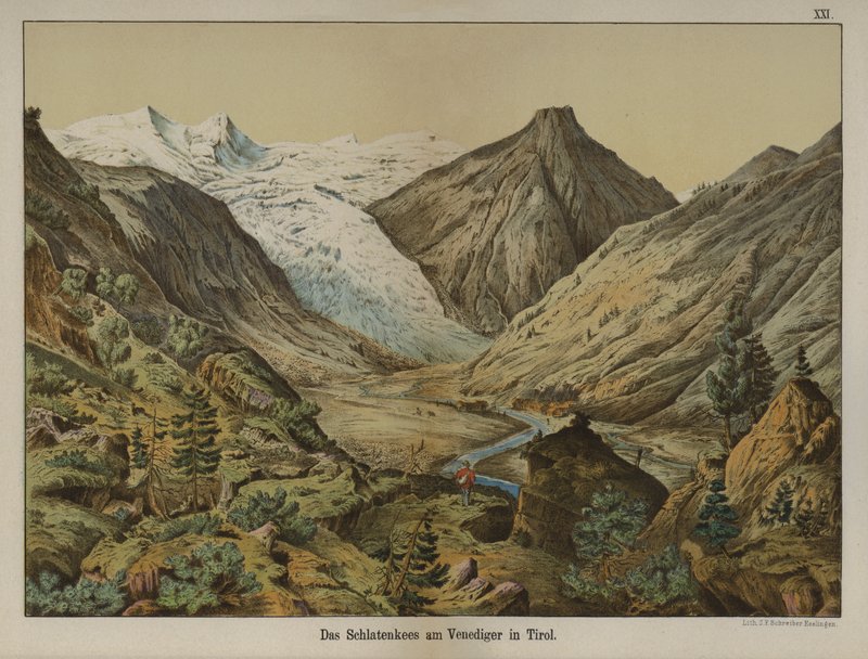 Schlatenkees gleccser a Venedigeren, Tirol, Ausztria (színes litho) alkotó: German School