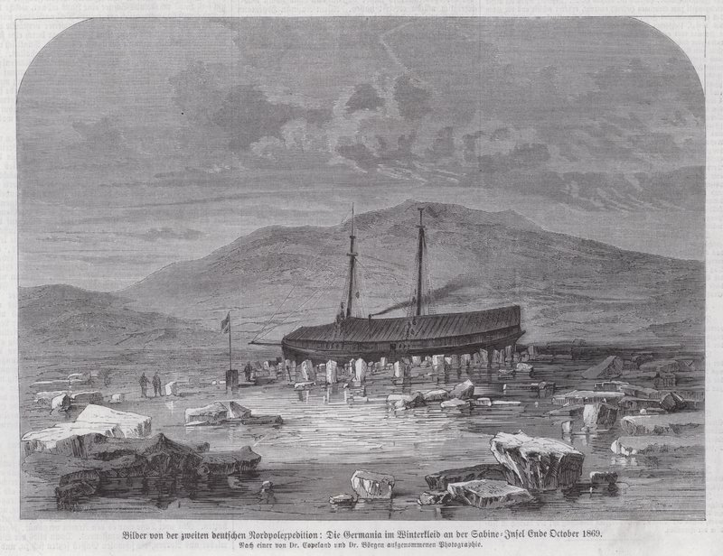 Schooner Germania Sabine-szigeten Grönland keleti partjainál, második német északi-sarki expedíció, 1869. október végén (metszet) alkotó: German School