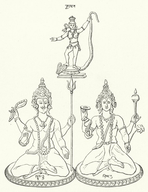 Shiva, Visnu és Krisna, hindu istenek (metszet) alkotó: German School