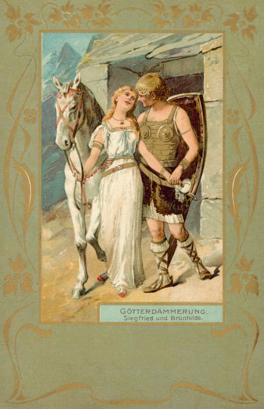 Siegfried és Brunnhilde a Gotterdammerung egyik jelenetében (kromolito) alkotó: German School