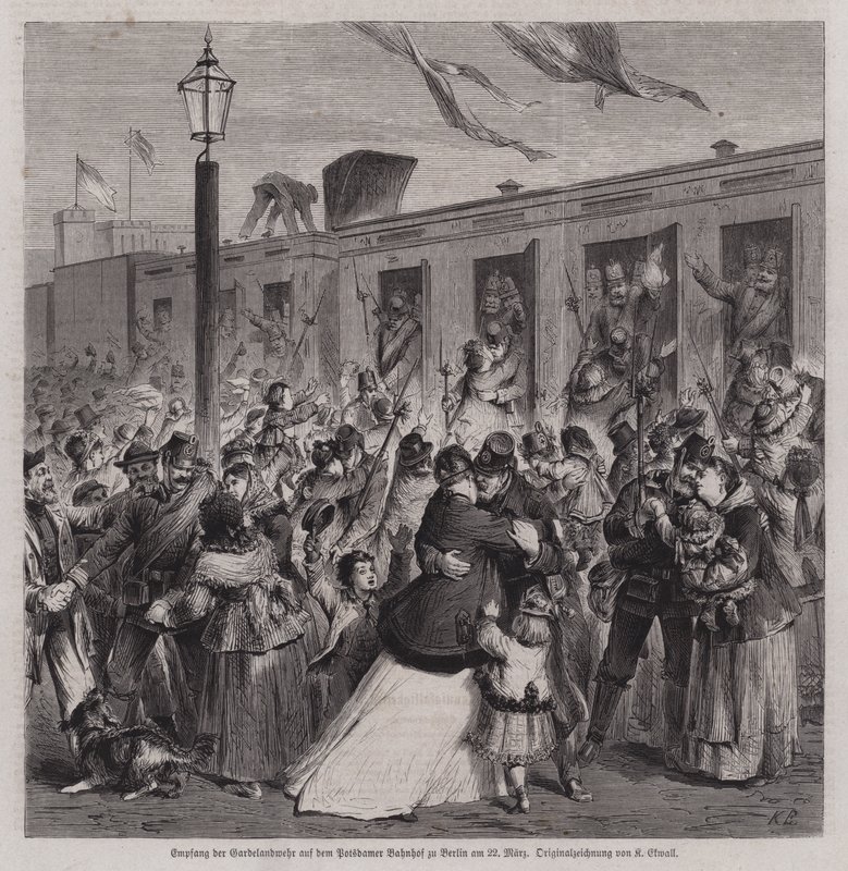 A Porosz Garde Landwehr katonáit a berlini Potsdam pályaudvaron fogadták a francia-porosz háborúból visszatérve, 1871. március 22-én (metszet) alkotó: German School