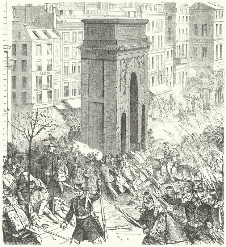 Katonák Párizs utcáin az 1851. decemberi francia államcsíny idején (metszet) alkotó: German School