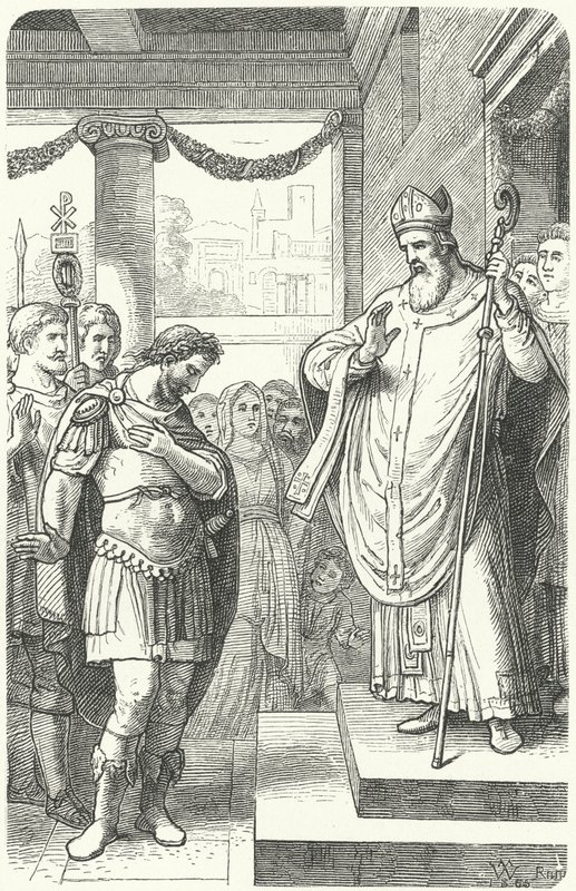 Szent Ambrus megtiltotta I. Theodosius római császárt, hogy belépjen a milánói székesegyházba a thesszalonikai mészárlás büntetéséért, 390 (metszet) alkotó: German School