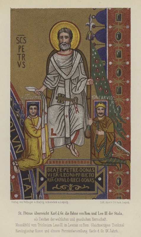 Szent Péter bemutatja Nagy Károlynak Róma zászlaját és III. Leó pápának, a stólát (színes litó) alkotó: German School