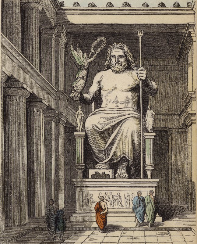 Zeusz szobra az ókori görög templomban, Olimpiában (színes metszet) alkotó: German School