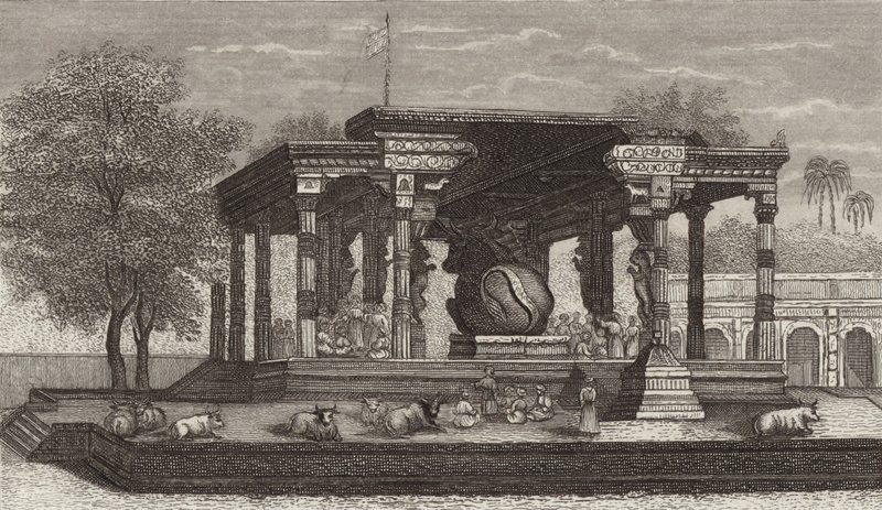 Nandi szent bika szobra egy hindu templomban Tanjore-ban, Indiában. Illusztráció a Bilder-Atlashoz (metszet) alkotó: German School