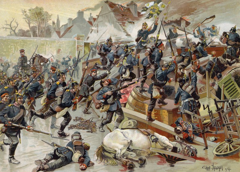 Erzsébet királynő 3. gránátosőrezred lerohanta a nagy barikádot Le Bourget bejáratánál, francia-porosz háború, 1870. október 30. alkotó: German School