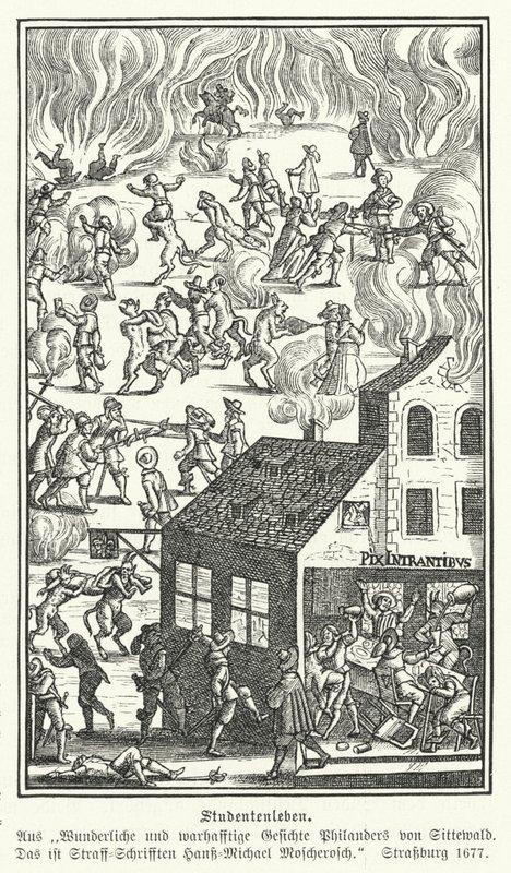 Diákélet: jelenet a Blicke Philanders von Sittewaldból, Johann Michael Moscherosch (metszet) alkotó: German School