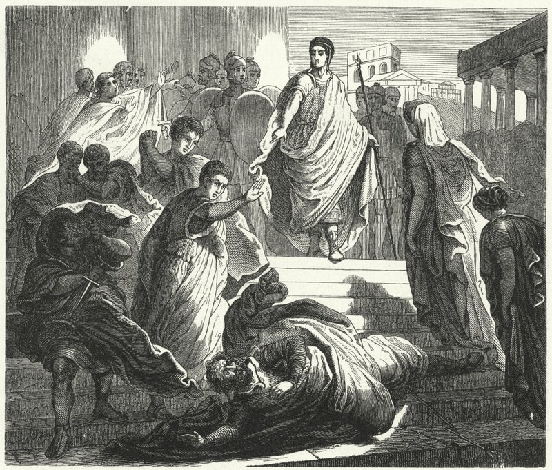 Tarquinius Superbus meggyilkolja apósát, Servius Tullust, hogy megszerezze a római trónt (metszet) alkotó: German School