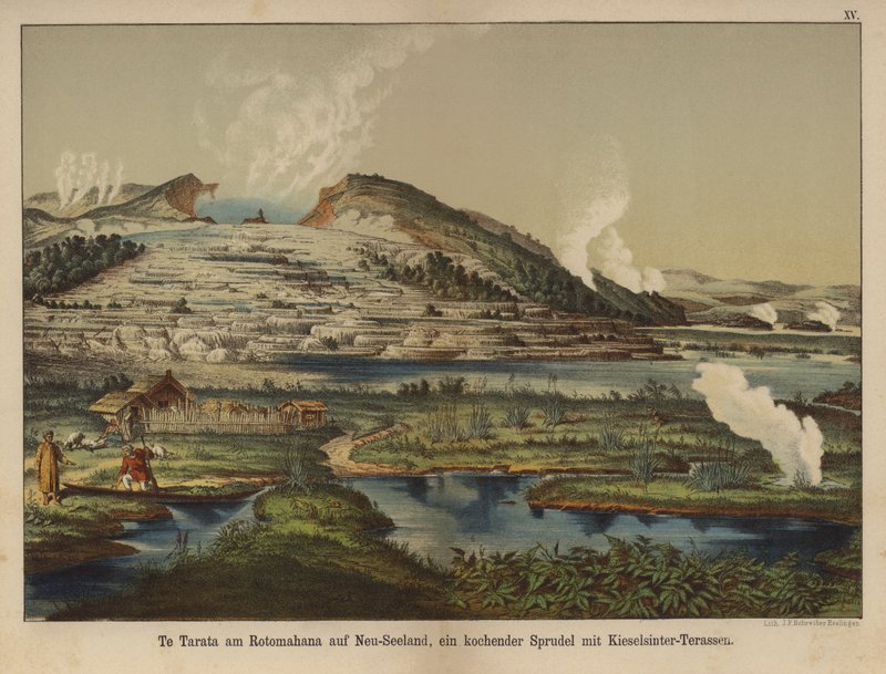 Te Tarata (fehér terasz), geotermikus szilícium-dioxid szinterelerakódások a Rotomahana-tó partján, Új-Zélandon (színes litho) alkotó: German School
