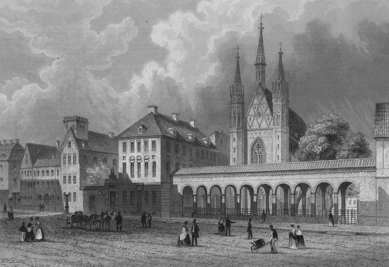 A Klosterkirche és a Klosterstrasse, Berlin (acélmetszet) alkotó: German School