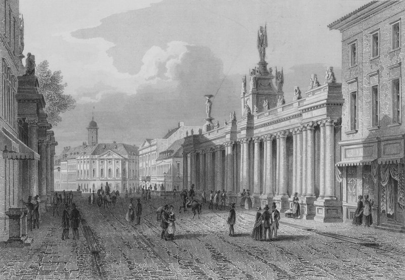 A Koenigsbruecke és az Alexanderplatz egy része, Berlin (acélmetszet) alkotó: German School