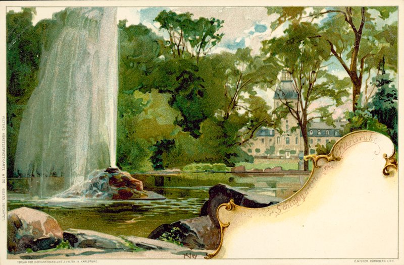 A Schlossgarten és a Karlsruhe-palota Karlsruhéban, Németországban (színes litho) alkotó: German School