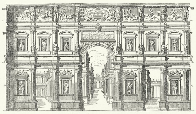 A Teatro Olimpico ("olimpiai színház") Vicenzában, Észak-Olaszországban (metszet) alkotó: German School