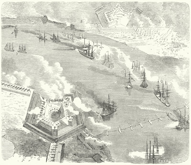 Az Union flotta megtámadja Fort Jackson és Fort St Philip, Louisiana, amerikai polgárháború, 1862 alkotó: German School