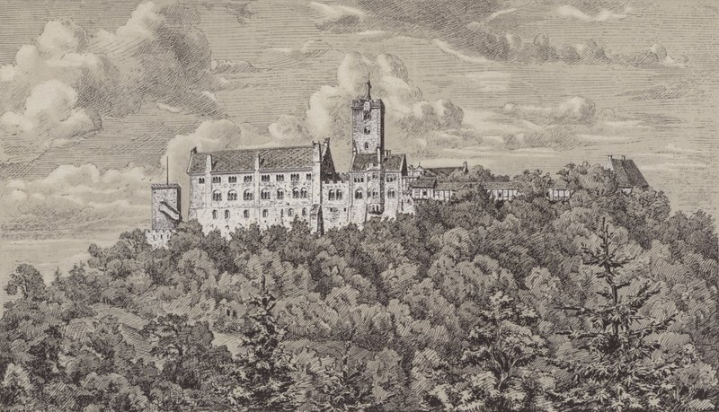 Wartburg, Eisenach városára néző kastély, Türingia, Németország (litho) alkotó: German School