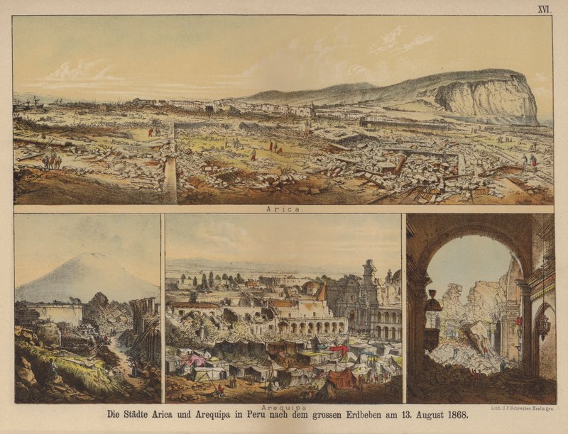 Arica és Arequipa városai Peruban az 1868. augusztus 13-i nagy földrengés után (színes litho) alkotó: German School
