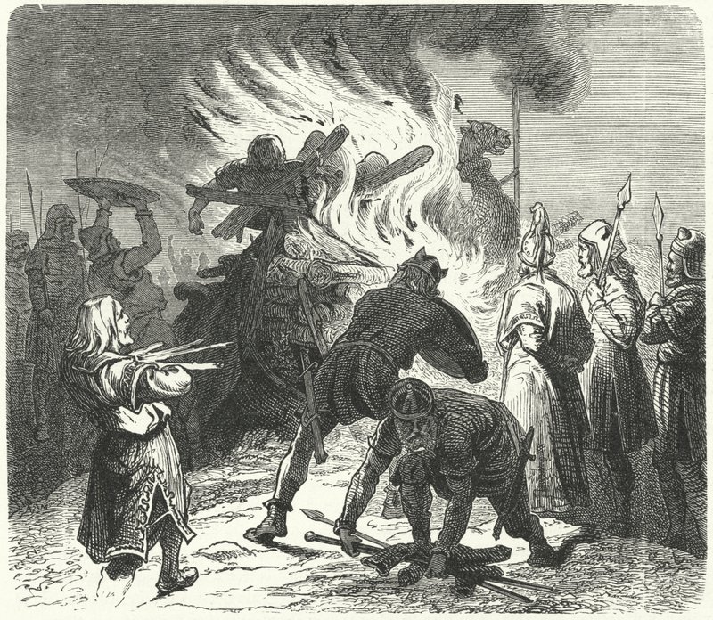 A legendás svéd király, Sigurd Hring Harald Wartooth holttestét elégeti a bravelliri csata után (metszet) alkotó: German School